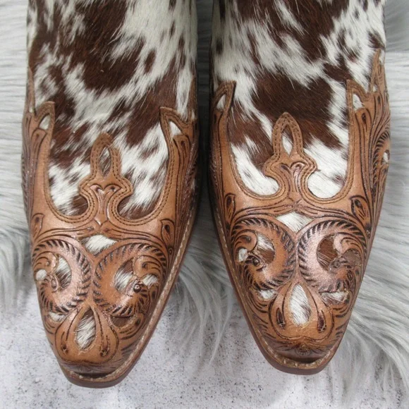 MYRA Western Boho Horse Jane Tooled Leather Hairon Calf-Hair Ankle Booties 10 - Picture 6 of 11
